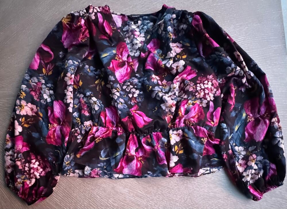 Express Floral Faux Wrap Peplum Top Blouse Size XL Black Pink Balloon Sleeve